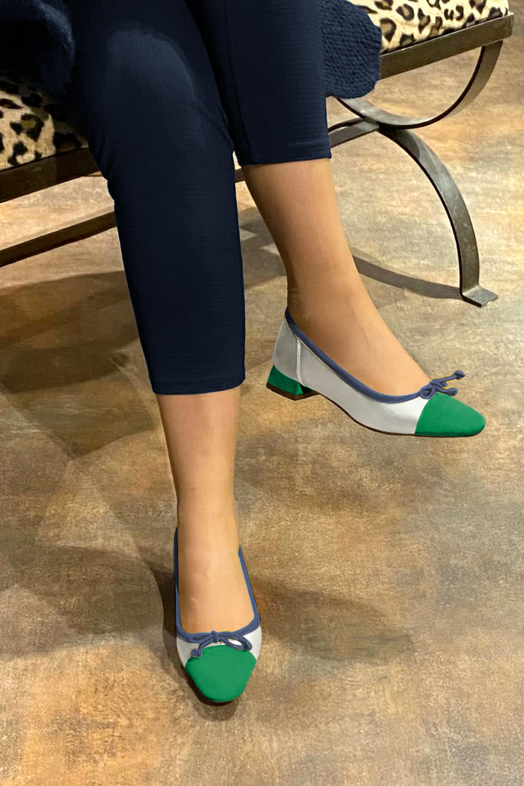 Emerald green, light silver and denim blue women's ballet pumps, with low heels. Square toe. Flat flare heels. Worn view - Florence KOOIJMAN
